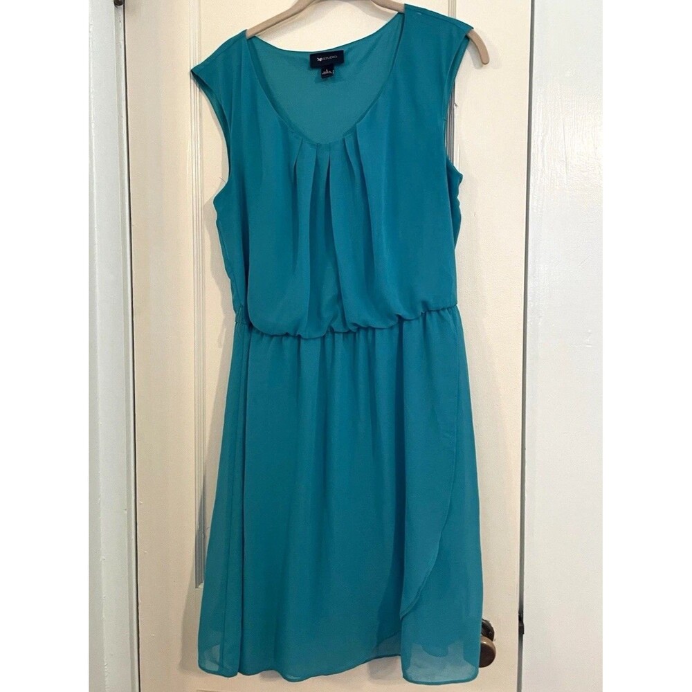 AB Studio Women’s L Teal Sleeveless Scoop Neck Chiffon A-Line Knee Dress